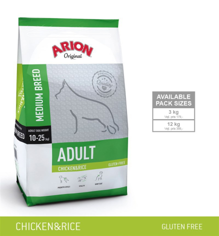  Arion Original Adult Medium Breed Hundefoder - Kylling og Ris - 12kg