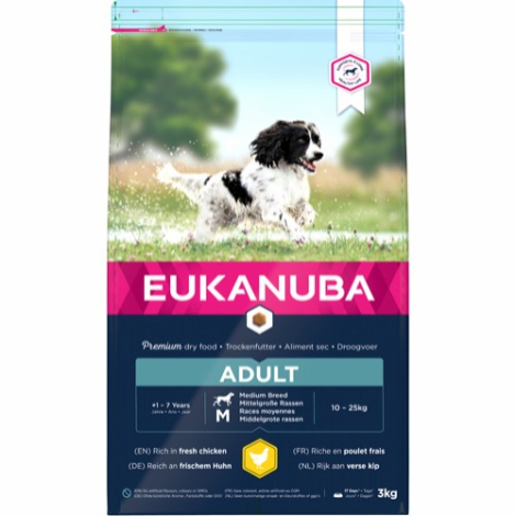Eukanuba Adult Hundefoder - Medium Breed - Med Kylling - 3kg