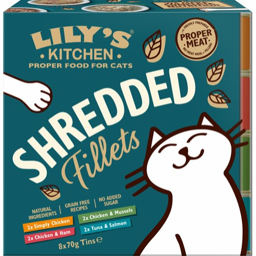 Se Lily´s Kitchen Katte Vådfoder Shredded Fillets Tins Multipack - 8x70g - Kornfrit hos Dyreverdenen.dk